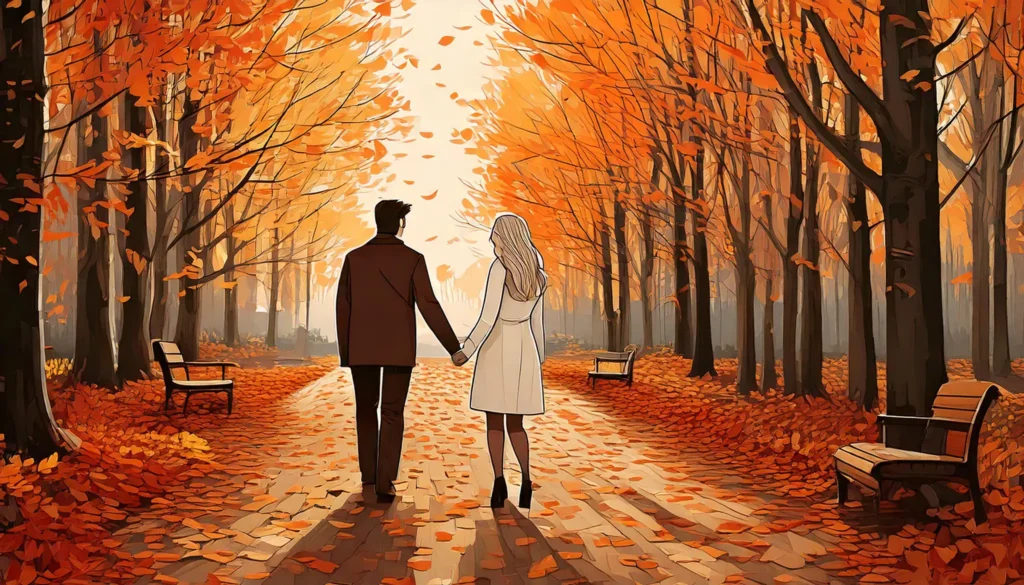 Un couple d'amoureux qui marche dans une forêt en automne