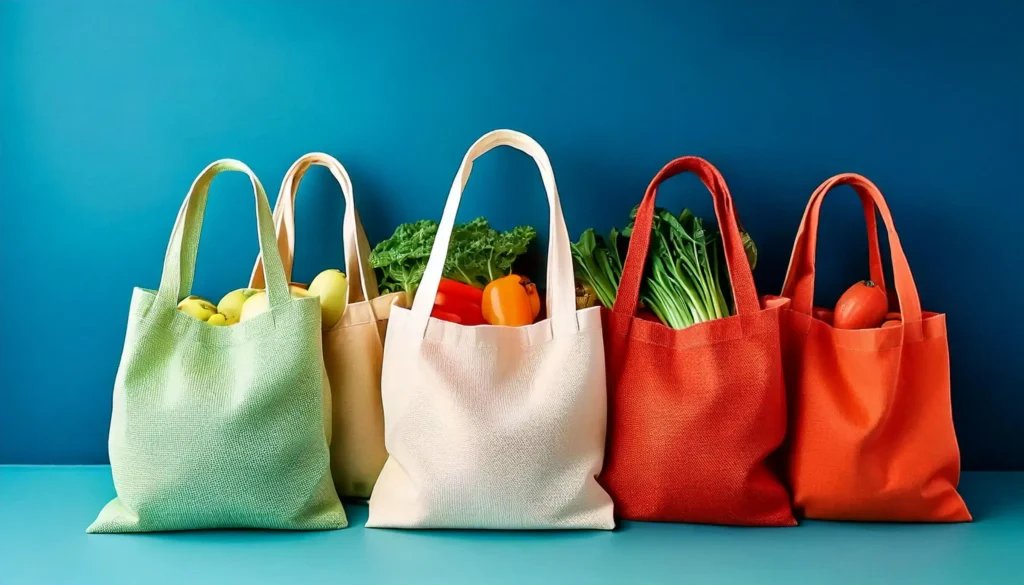 Des sacs en tissus qui contiennent des légumes
