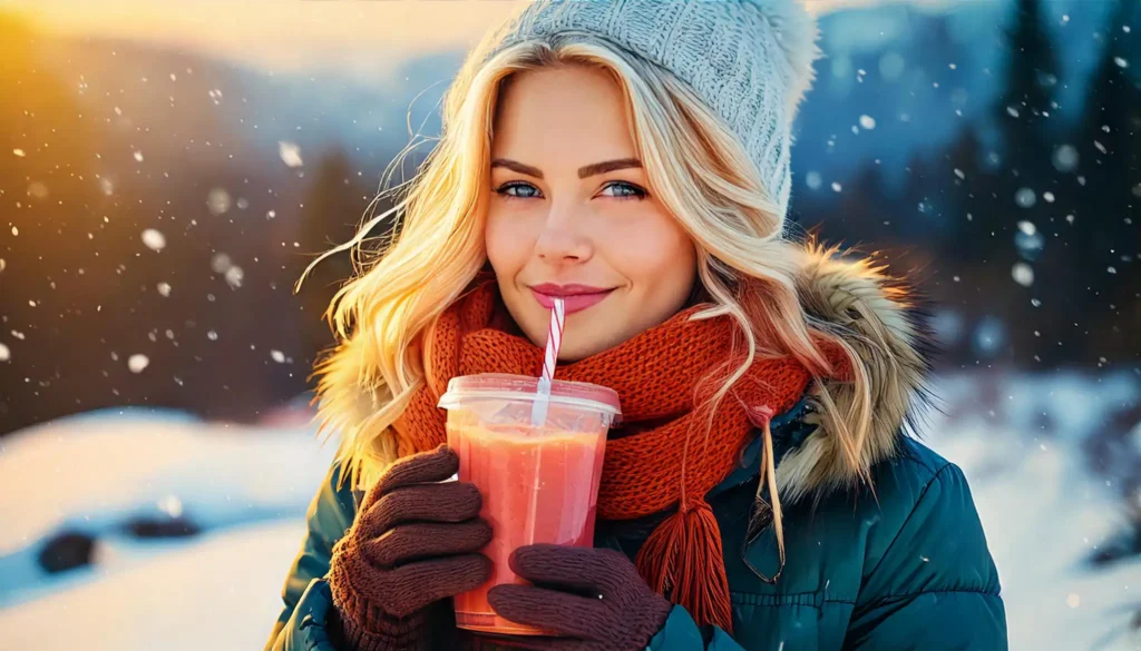 Une femme qui boit un smoothie en extérieur