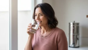 Une femme boit un verre d'eau filtré par un filtre à gravite