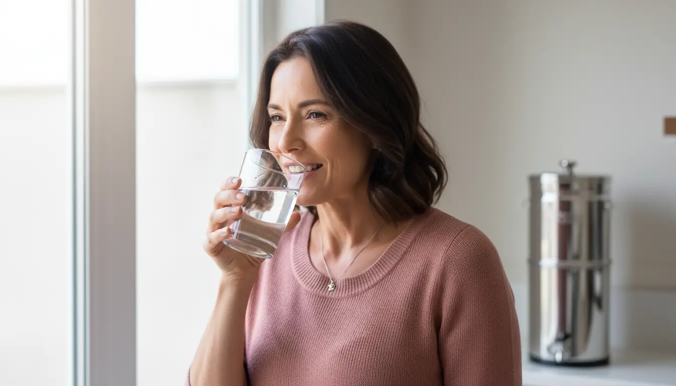 Une femme boit un verre d'eau filtré par un filtre à gravite
