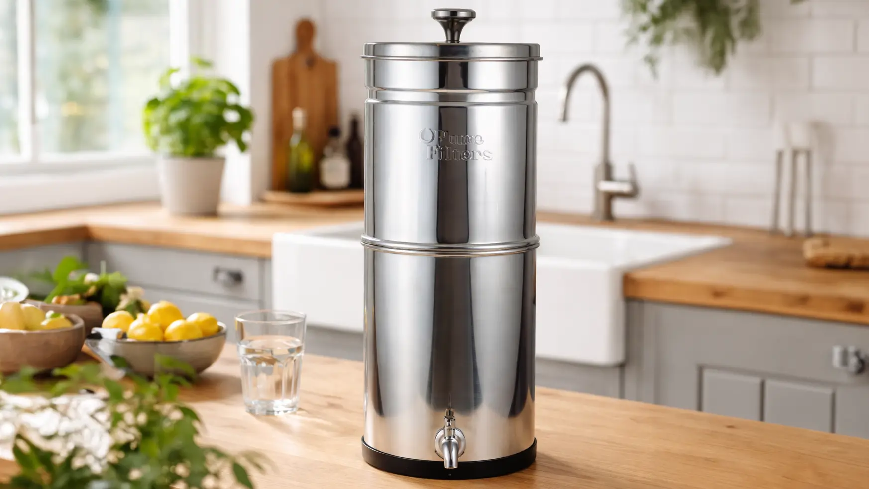 un filtre à gravité pure filters posé sur un plan de travail d'une cuisine