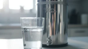 Un verre d'eau placé devant un filtre à gravité Pure Filters