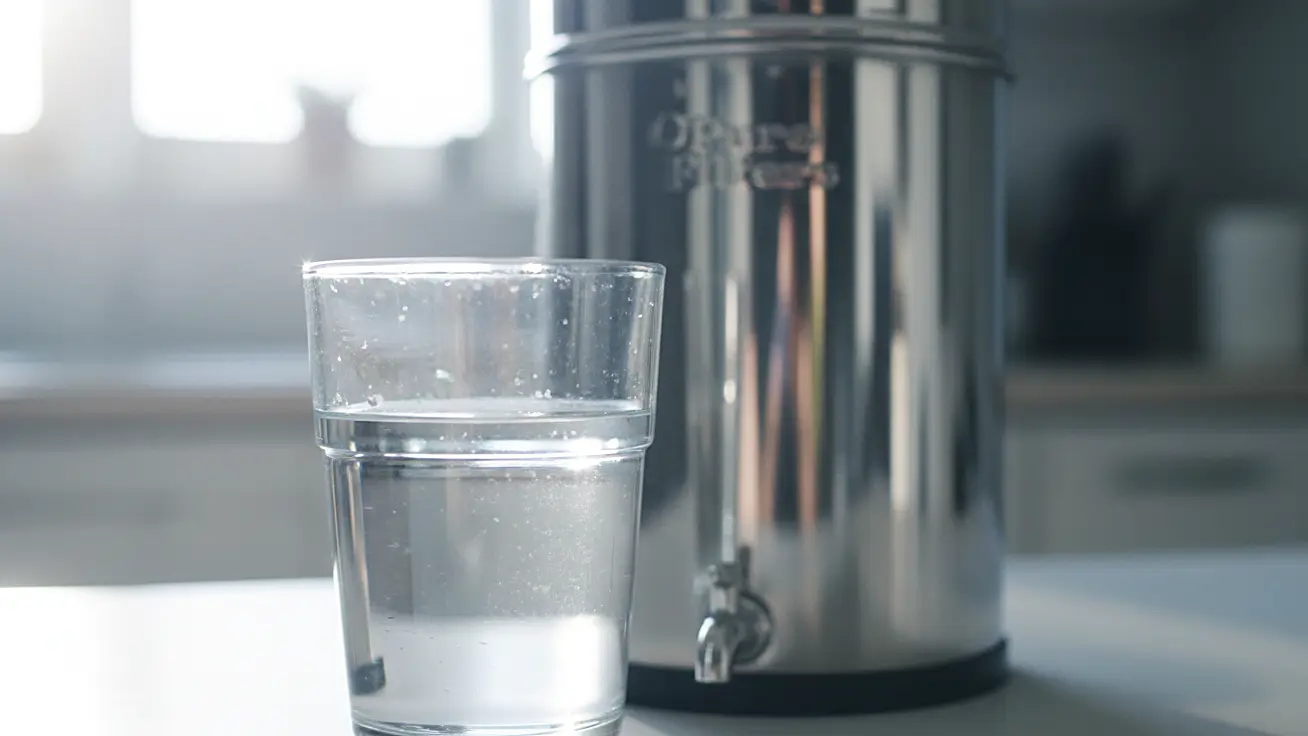 Un verre d'eau placé devant un filtre à gravité Pure Filters