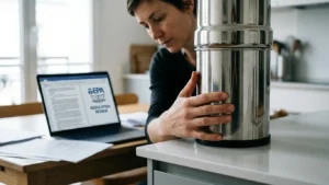 une femme pose sa main sur un filtre Berkey avec un logo EPA affiché sur un ordinateur en arrière-plan
