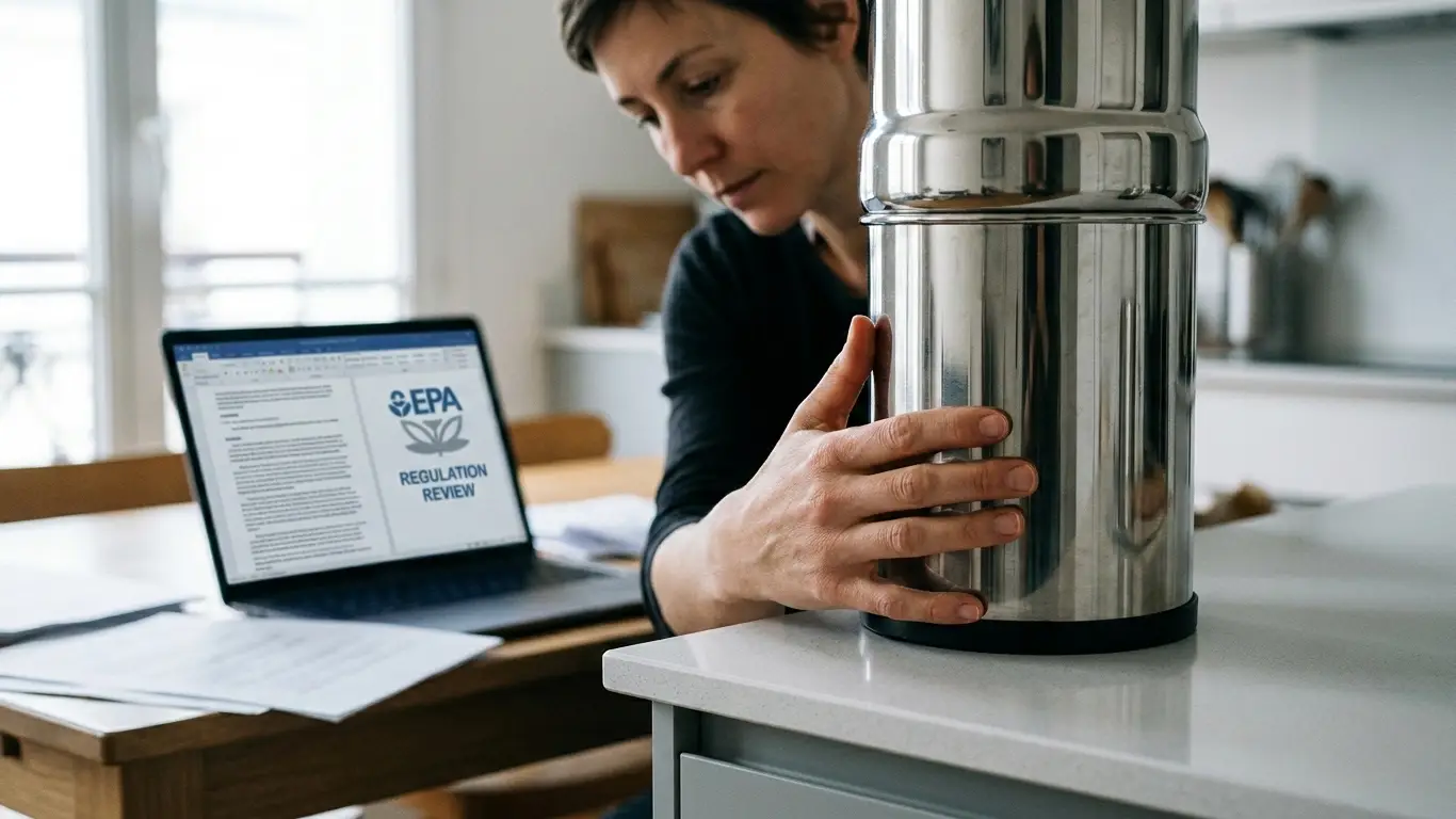 une femme pose sa main sur un filtre Berkey avec un logo EPA affiché sur un ordinateur en arrière-plan